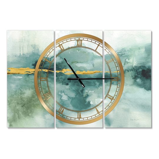 Designart Blue Watercolor Impression With Gold Multipanel Wall Clock